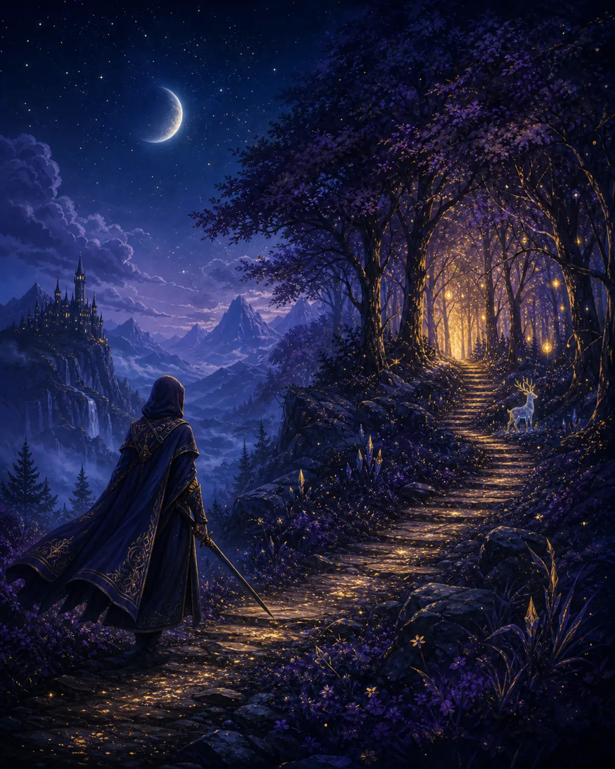 Mythical Quests: a dreamy indigo and violet adventure scene.