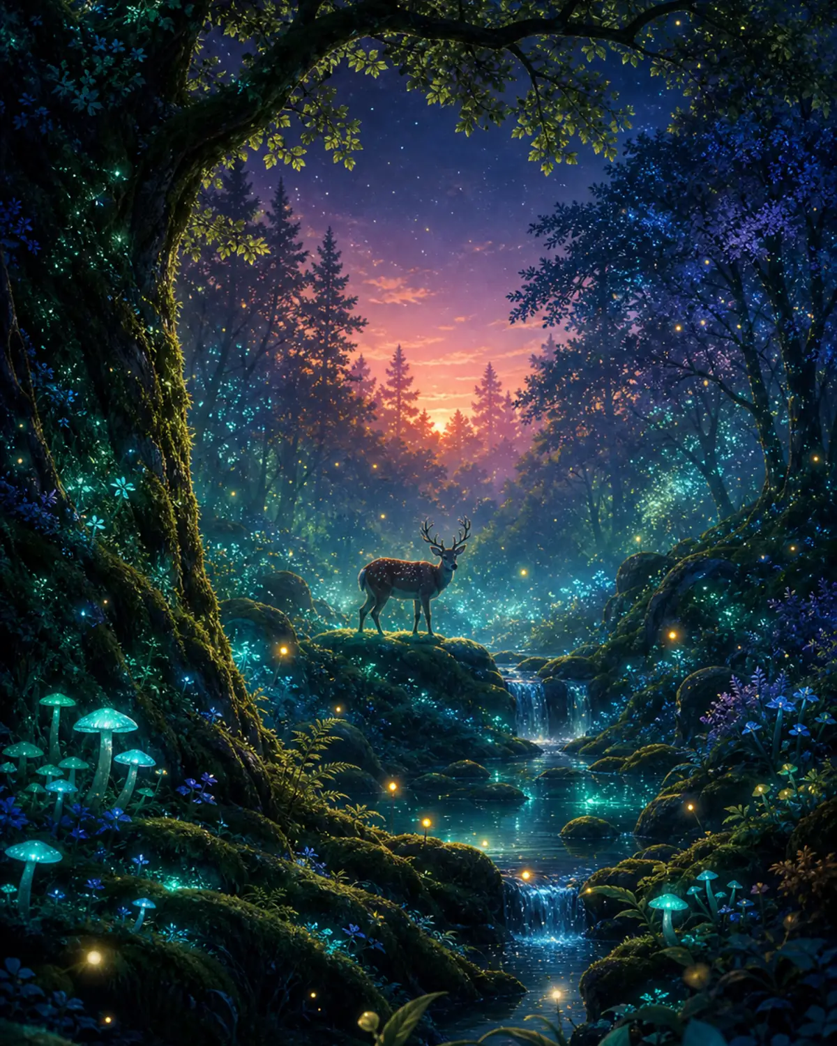 Nature Tales: a serene, glowing forest scene in mint and indigo.