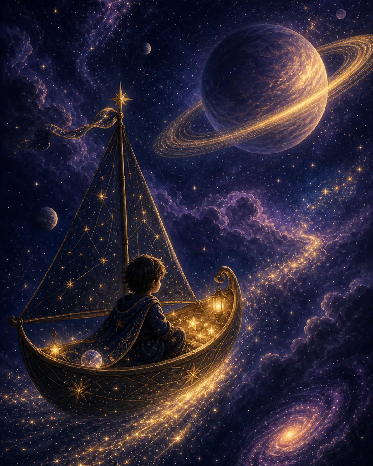 Space Voyages: a tranquil violet and gold galactic scene.